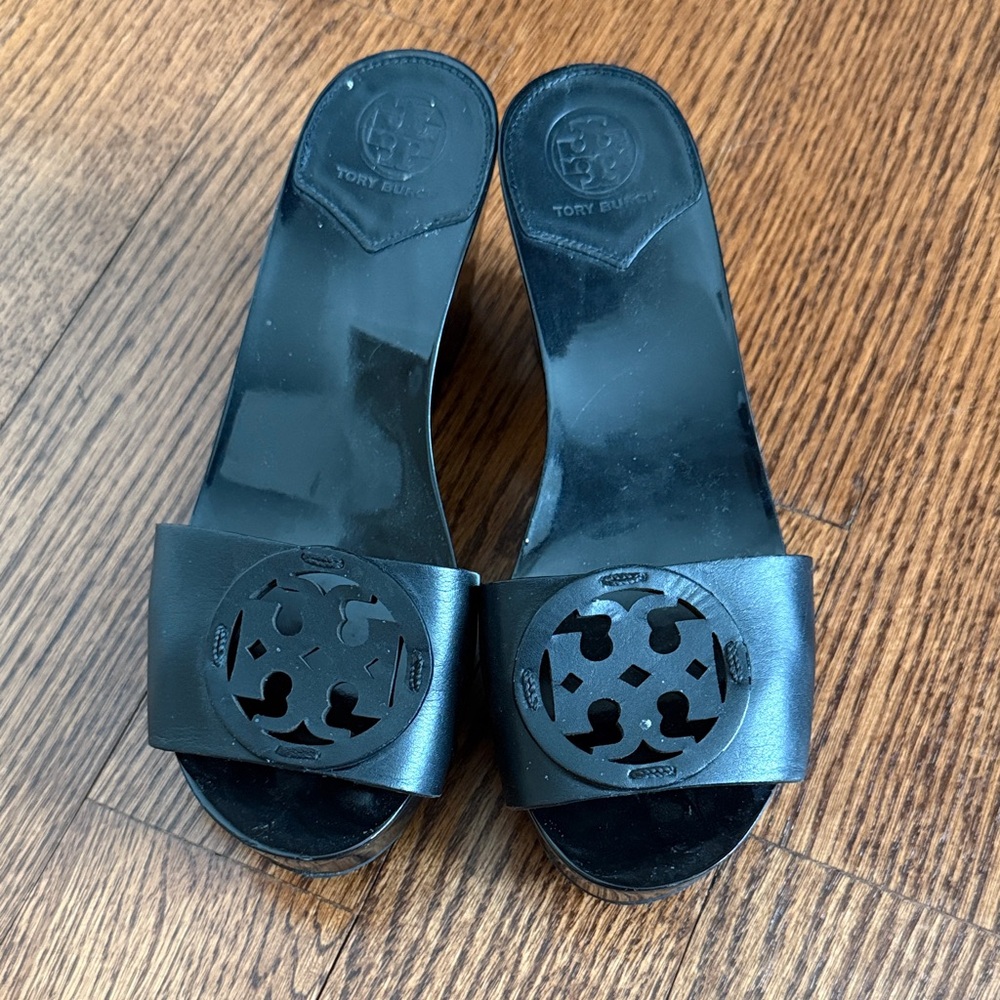 Tory Burch Black Leather Logo Wedge Slides